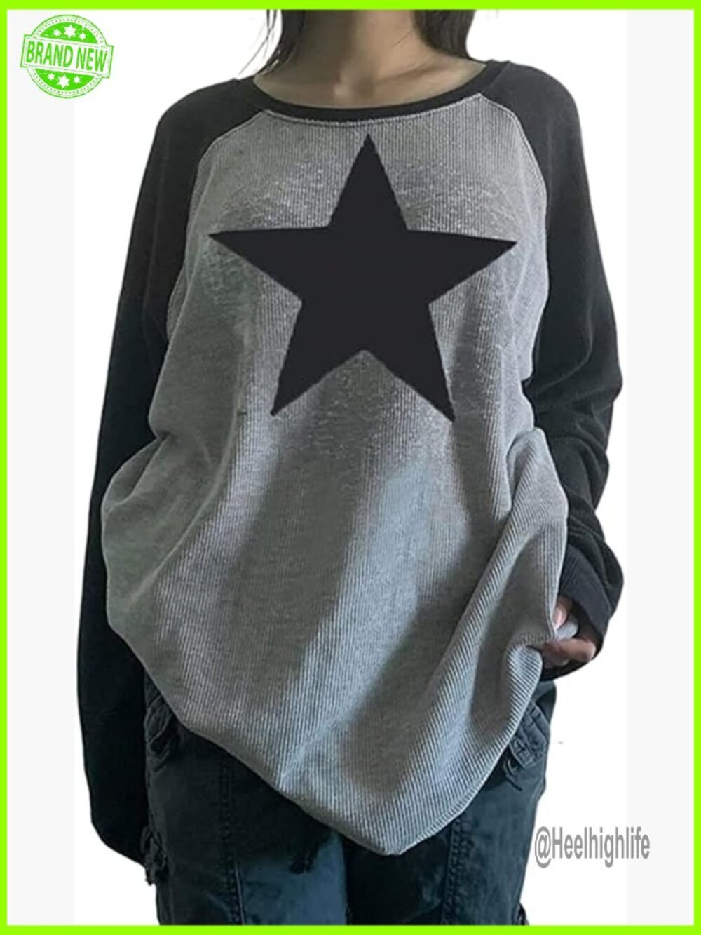 Womens Vintage Y2K Star Patchwork Long Sleeve Tee Oversized Grunge Top